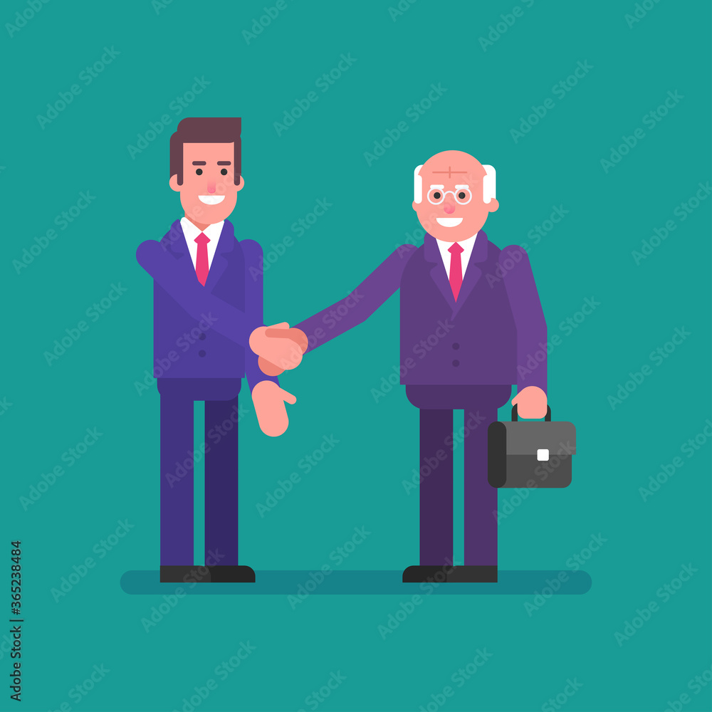 Old businessman shakes hands with an young businessman. Flat people Old businessman shakes hands with an young businessman. Flat people