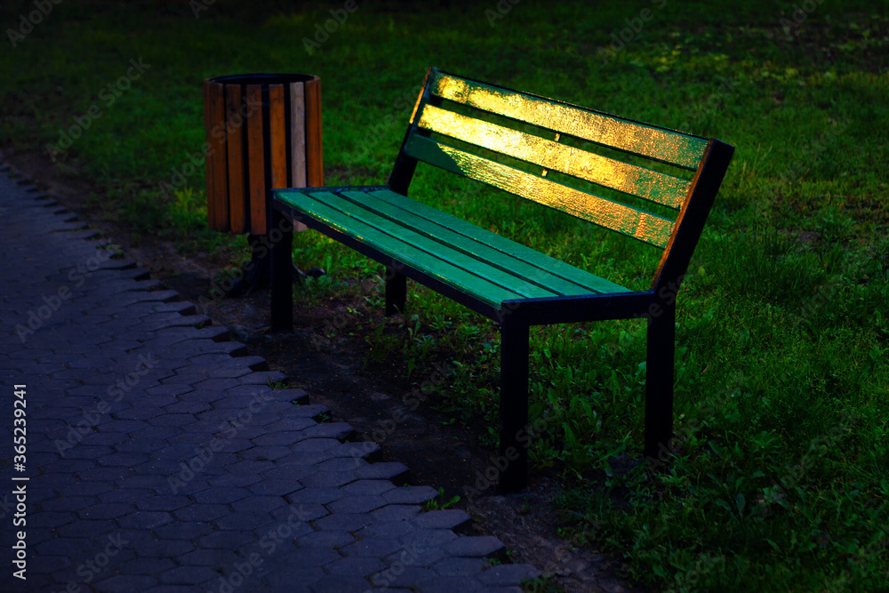 Empty Bench with Sunlight Reflection in the Park 