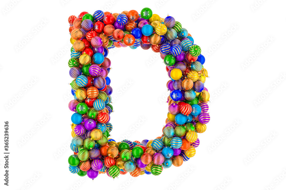 Letter D from colored Christmas balls. Xmas balls font, 3D rendering Letter D from colored Christmas balls. Xmas balls font, 3D rendering