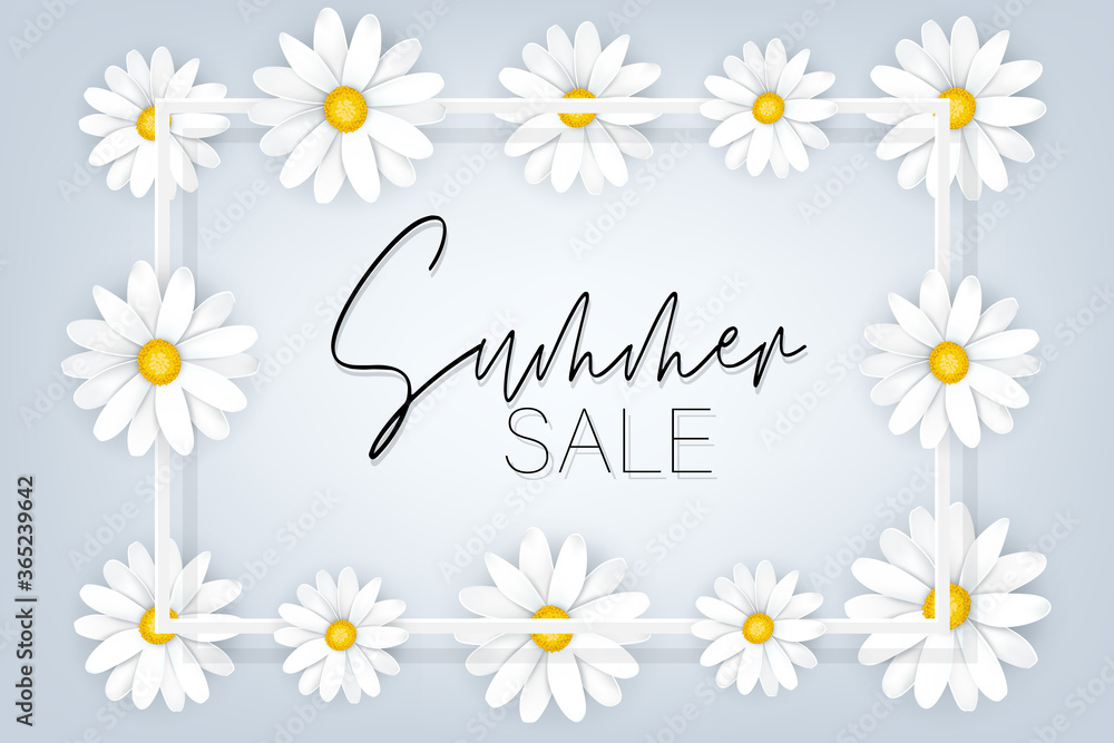 Summer sale banner. White daisy flowers tender femenine background forming a frame. Promo design concept. Realistic vector illustration with lettering. Summer sale banner. White daisy flowers tender femenine background forming a frame. Promo design concept. Realistic vector illustration with lettering.