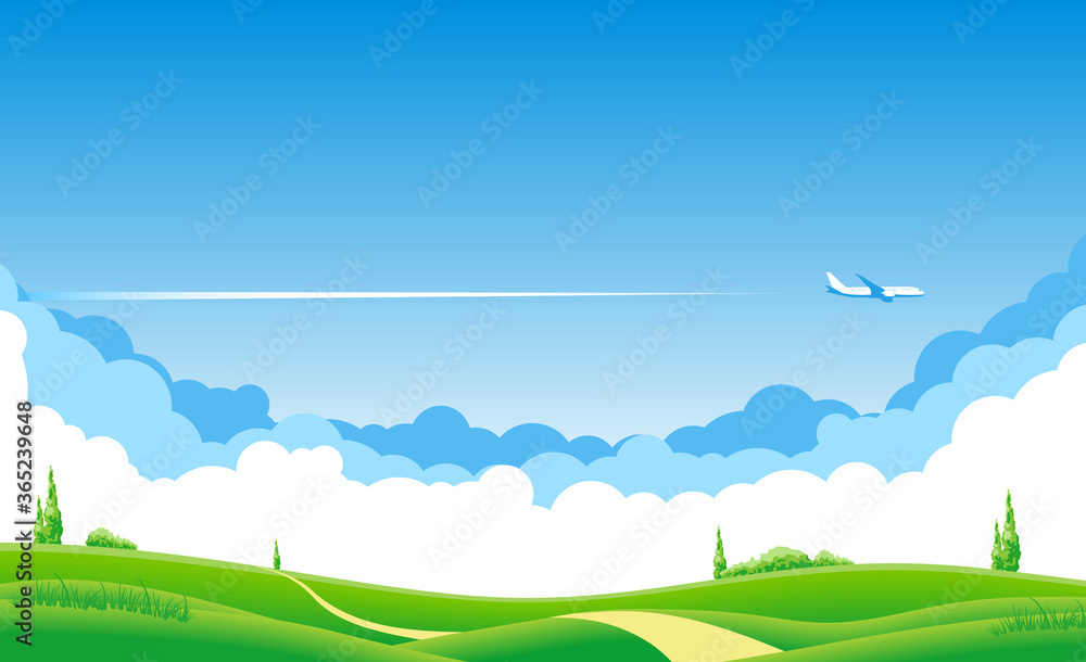 Fototapeta premium Blue sky with clouds and an airplane flying over the green fields. Airliner over grazing meadow and trees. Illustration, vector