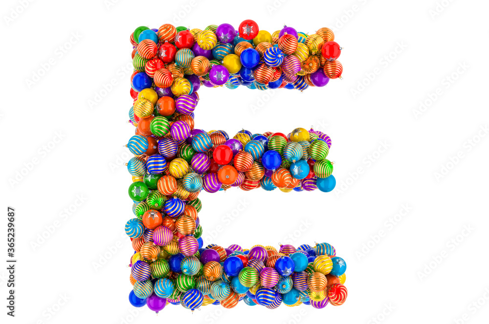 Letter E from colored Christmas balls. Xmas balls font, 3D rendering