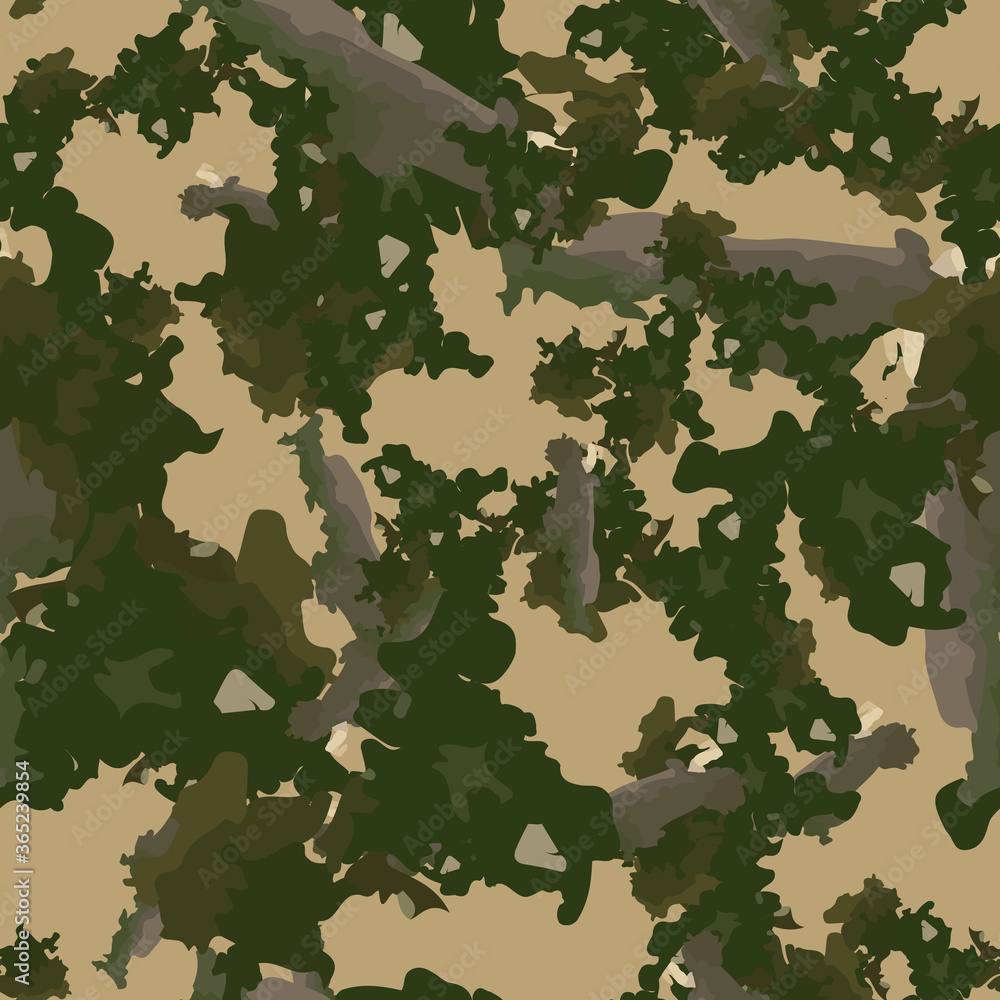 Forest camouflage of various shades of green, beige and grey colors