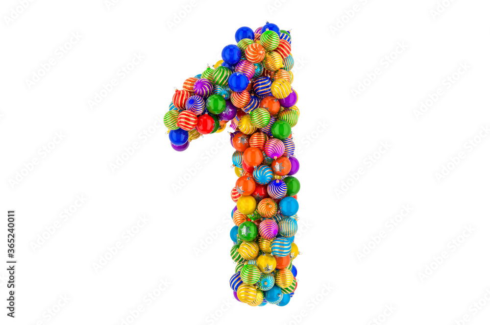 Number 1 from colored Christmas balls. Xmas balls font, 3D rendering