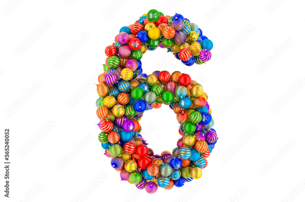 Number 6 from colored Christmas balls. Xmas balls font, 3D rendering Number 6 from colored Christmas balls. Xmas balls font, 3D rendering