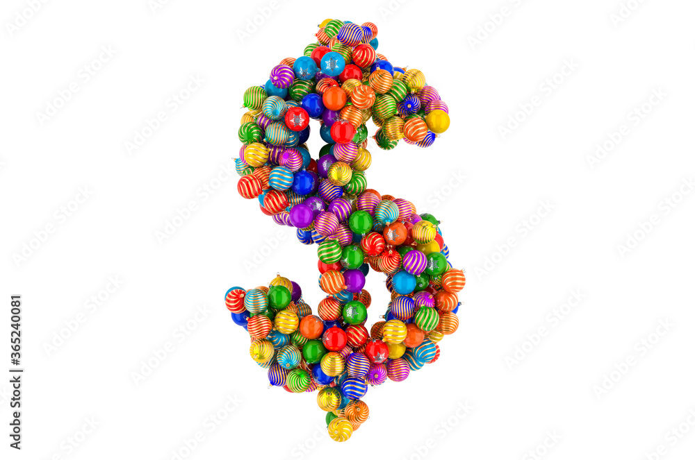 Dollar symbol from colored Christmas balls. 3D rendering Dollar symbol from colored Christmas balls. 3D rendering