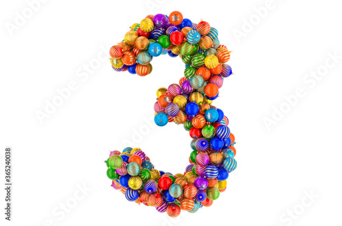 Number 3 from colored Christmas balls. Xmas balls font  3D rendering