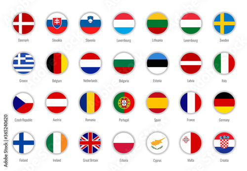 Set of vector flags of the European Union. Big Collection symbols flags. Isolated on white. Circle with the flag of the EU country. © kornetka