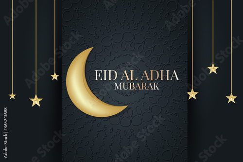 Eid Al Adha Mubarak banner. Muslim holiday of sacrifice. Islam religious celebration. Arabic design concept. Golden moon and stars, calligraphy lettering on black background with ornament.