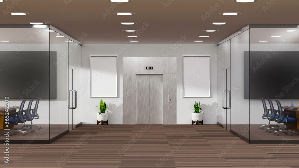 3D rendering modern meeting room and elevator and glass doors - obrazy, fototapety, plakaty 