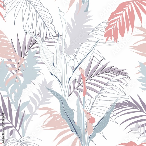 Creative universal floral background in tropical style. Hand Drawn textures. Tropical line leaves and flowers in pastel colors on white background. 