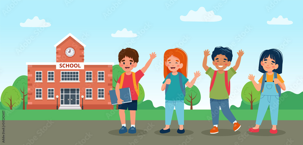 Children walking to school, cute colorful characters. Vector illustration in flat style