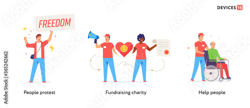 People civic activism, illustration. Activist, policy, volunteer, protest. Flat illustration Icons infographics. Landing page site print poster. Eps vector.