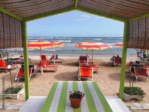 typical beach resort of Adriatic coast in Marotta city, near Pesaro, Italy 
