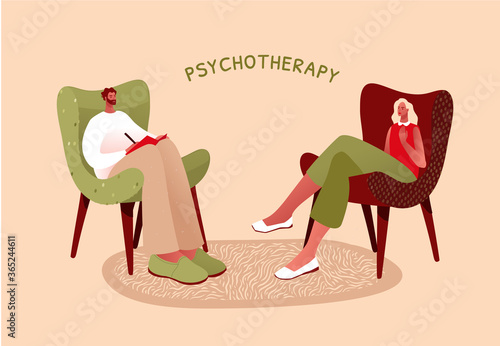 Female patient with psychologist or psychotherapist sitting on a chair. Psychotherapy session. Mental health, depression, anxiety. Flat style vector illustration.