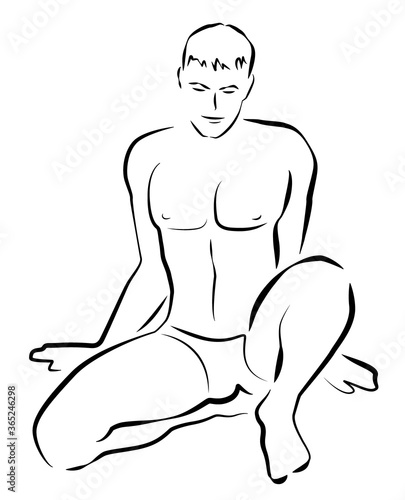 Male nude outline illustration. Sexy, young, handsome, athletic, shirtless, sitting man. Comic style vector illustration on white background.
