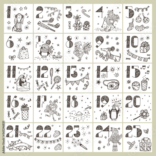 Christmas advent calendar. Hand Drawn Doodle Christmas characters and decorations. Holiday Set