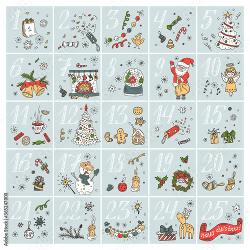 Christmas advent calendar. Hand Drawn Doodle Christmas characters and decorations. Holiday Set