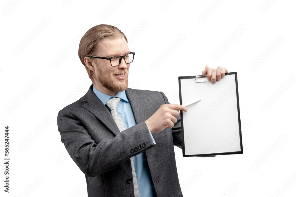 businessman holds in hand empty white sheet businessman holds in hand empty white sheet