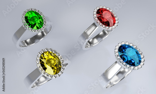 The ring is made of platinum gold decorated with Red diamonds and many colors. Blue and yellow diamonds. 3D Rendering