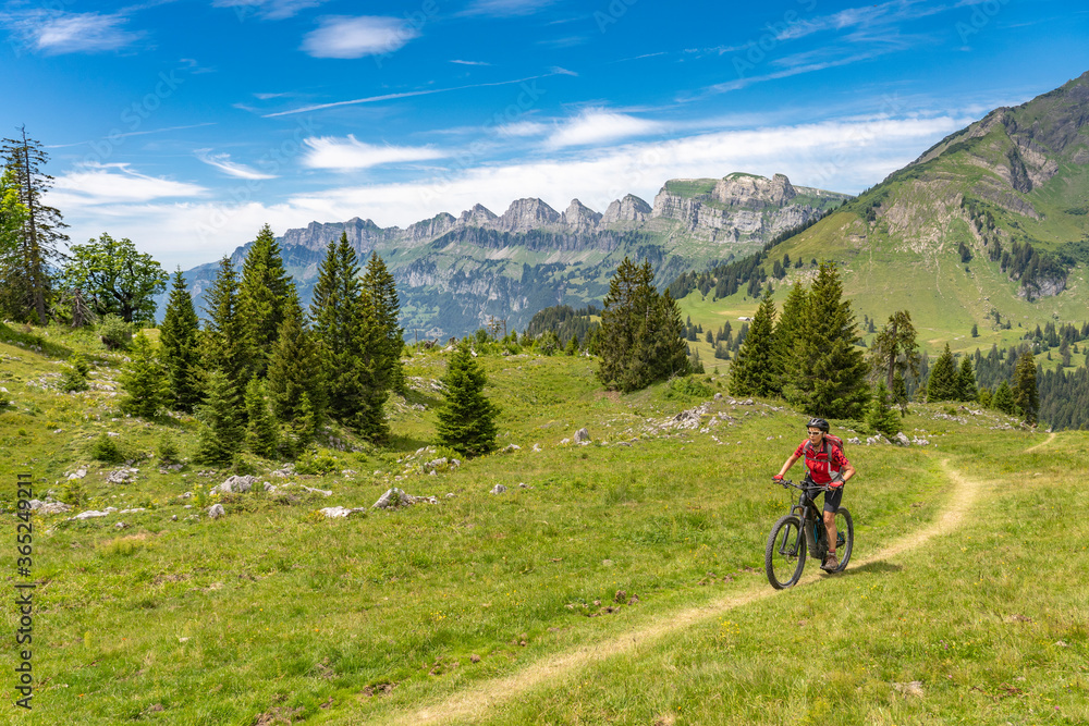 Obraz premium active senior woman riding her electric mountain bike below the seven summits of Churfirsten in Canton St. Gallen, Switzerland, landscape
