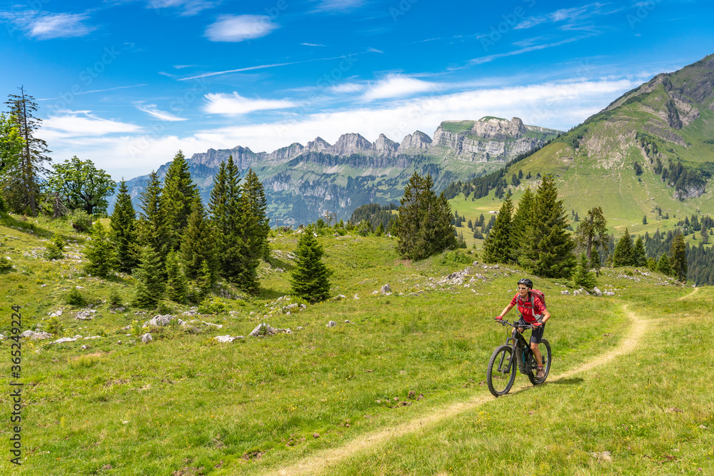 active senior woman riding her electric mountain bike below the seven summits of Churfirsten in Canton St. Gallen, Switzerland, landscape