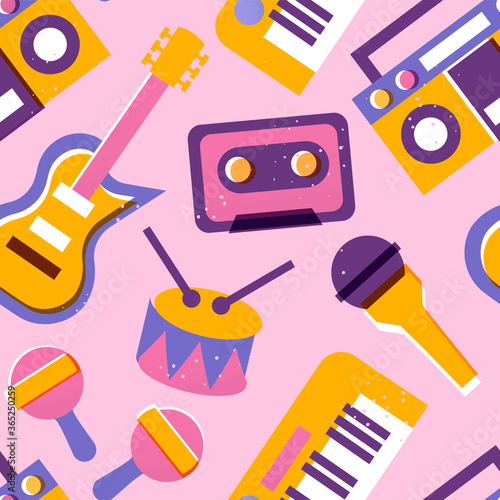Music instrument seamless pattern illustration, colorful musical equipment background design with retro cassette, guitar, piano keyboard and more.