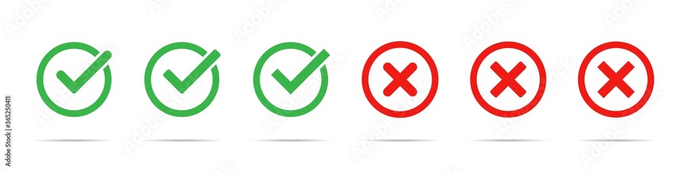 Fototapeta premium Green check mark and red cross icon set. Vector isolated elements. Tick approved symbol. Stock vector.