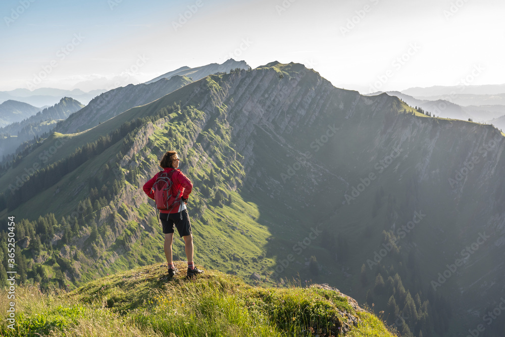 Fototapeta premium pretty senior woman resting during a hike in the early evening in warm dawn light on the ridge of the Nagelfluh chain in the Allgau Alps near Immenstadt, Bavaria, Germany