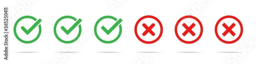 Green check mark and red cross icon set. Vector isolated elements. Tick approved symbol. Stock vector.