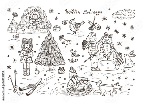 Winter season. Christmas and New Year Background for kids. Children. Joyful kids. Winter holidays. Walk on outdoors. Happy children playing outdoors in winter time. Hand drawn doodle Childhood set.