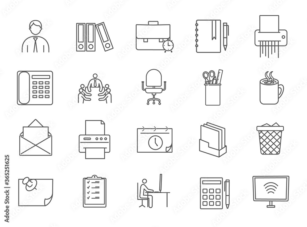 Large collection of line drawn black and white office icons with workers, furniture, accessories and business for design elements, vector illustration Large collection of line drawn black and white office icons with workers, furniture, accessories and business for design elements, vector illustration