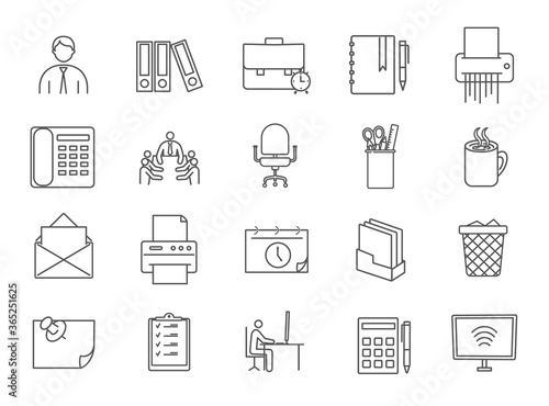 Large collection of line drawn black and white office icons with workers, furniture, accessories and business for design elements, vector illustration