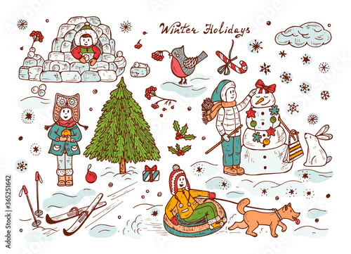 Winter season. Christmas and New Year Background for kids. Children. Joyful kids. Winter holidays. Walk on outdoors. Happy children playing outdoors in winter time. Hand drawn doodle Childhood set.