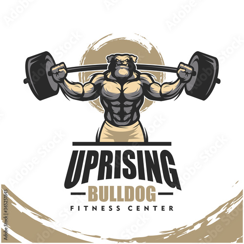 Dog bulldog k9 with strong body, fitness club or gym logo. Design element for company logo, label, emblem, apparel or other merchandise. Scalable and editable Vector illustration.