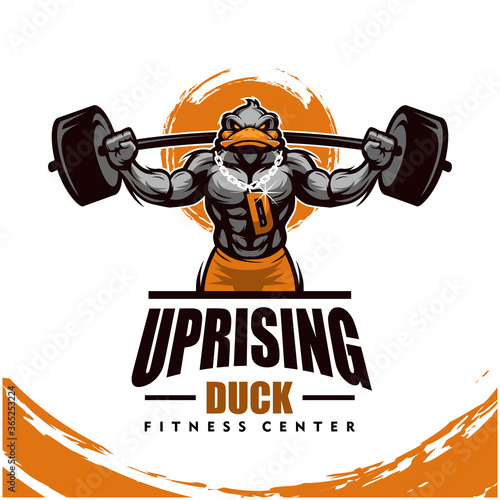 Duck with strong body, fitness club or gym logo. Design element for company logo, label, emblem, apparel or other merchandise. Scalable and editable Vector illustration