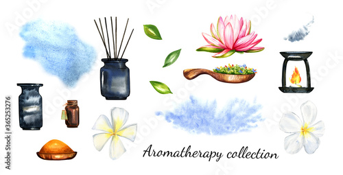 Set watercolor aromatherapy collection and body care. Essential oils, frangipani and Lotus flowers, incense sticks, ceramic bottles, aroma lamp, natural leaves, medicinal herbs, spices, watercolor blu