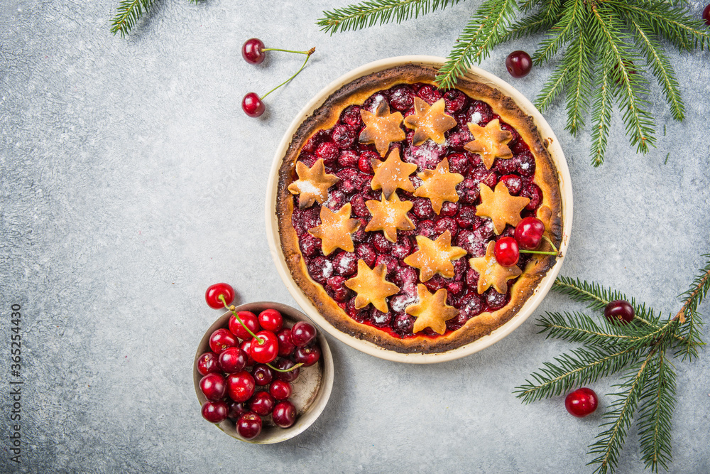 Cherry piecake with fresh cherry. Christmas decotation. Cherry piecake with fresh cherry. Christmas decotation.