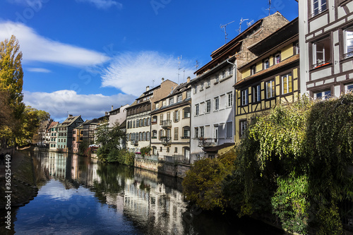 Nice houses in Petite-France (Little France) and River Ill in Strasbourg. Petite-France is an historic area in the center of Strasbourg. Alsace, France.