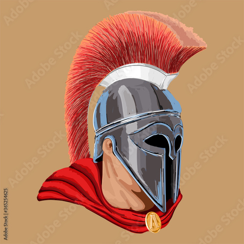 A close-up portrait of an ancient Roman warrior in a helmet with a cape.