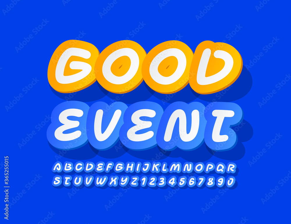 Vector invitation card Good Event. Blue Creative Font. Artistic sticker Alphabet Letters and Numbers