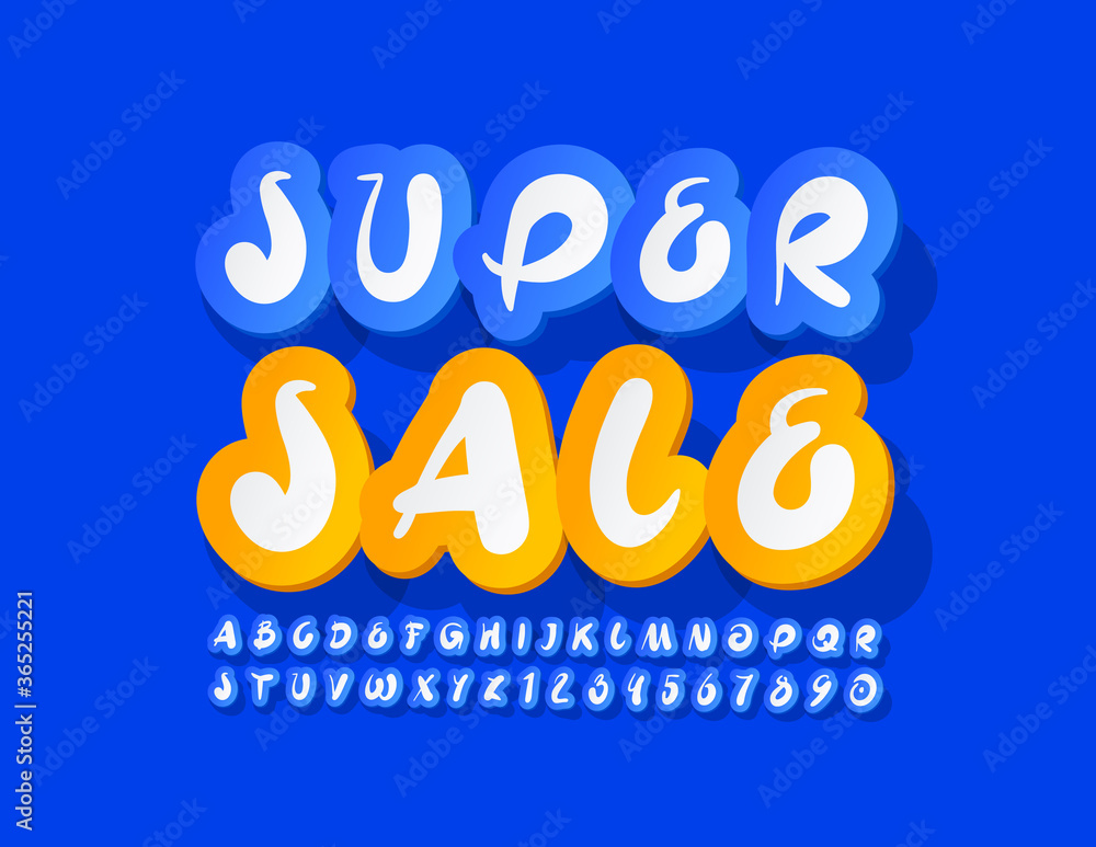 Vector creative banner Super Sale. Artistic Blue and White Font. Sticker Alphabet Letters and Numbers