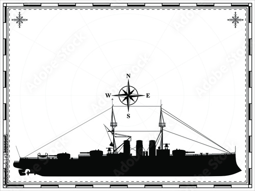 Old military ship on the background of the map. Wind rose. Vector illustration.