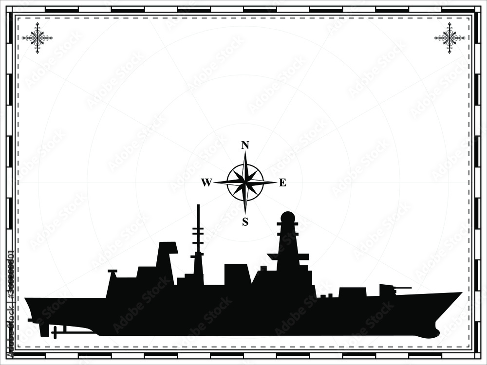 Vector military ship on the background of the map. Wind rose. Vector illustration.