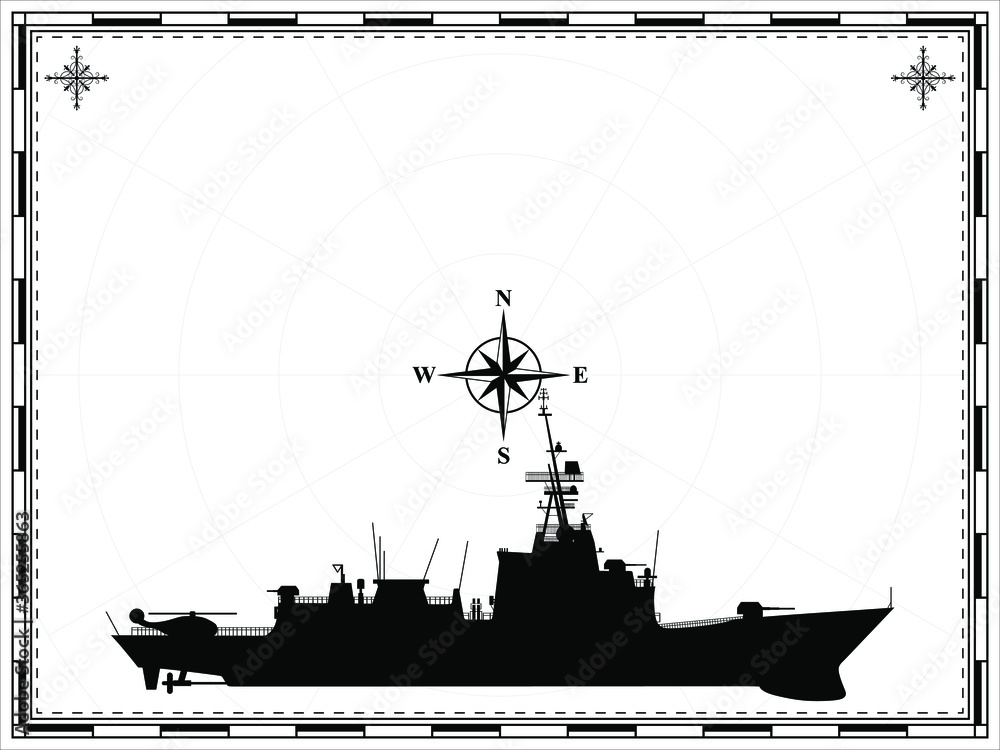 Vector military ship on the background of the map. Wind rose. Vector illustration.