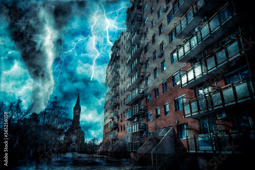 A tornado approaching to the residential building. Digital illustration