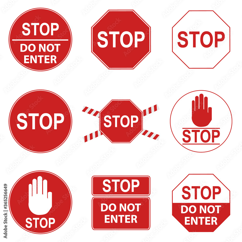 Stop sign, set of red prohibiting stop signs. Vector illustration. Stop sign, set of red prohibiting stop signs. Vector illustration.