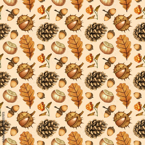 Watercolor autumn seamless pattern of chestnuts, acorns, pine cone, leaf, berry. Background with hand drawn fall season forest plant for design poster, textile, card, wrapping paper, scrapbooking