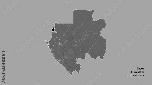 Ogooué-Lolo, province of Gabon, with its capital, localized, outlined and zoomed with informative overlays on a bilevel map in the Stereographic projection. Animation 3D photo