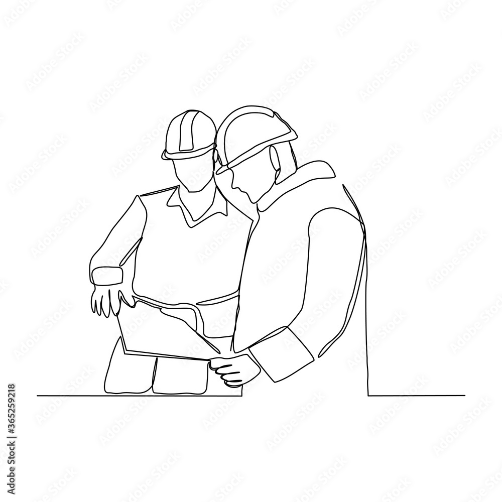Continuous line drawing of contractor manager discussion and giving instruction to foreman builder holding blueprint and safety helmet. Vector illustration